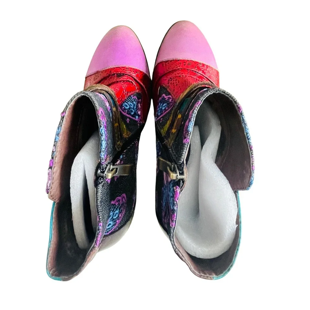 Socofy Patchwork Butterfly Embroidered Ankle‎ Boots Floral Block Heel 36 US 5.5